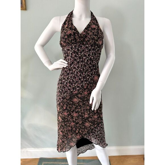 Vintage Y2K Floral Halter Dress Asymmetrical Hem Midi Dress Black Pink size 3 - Picture 1 of 8